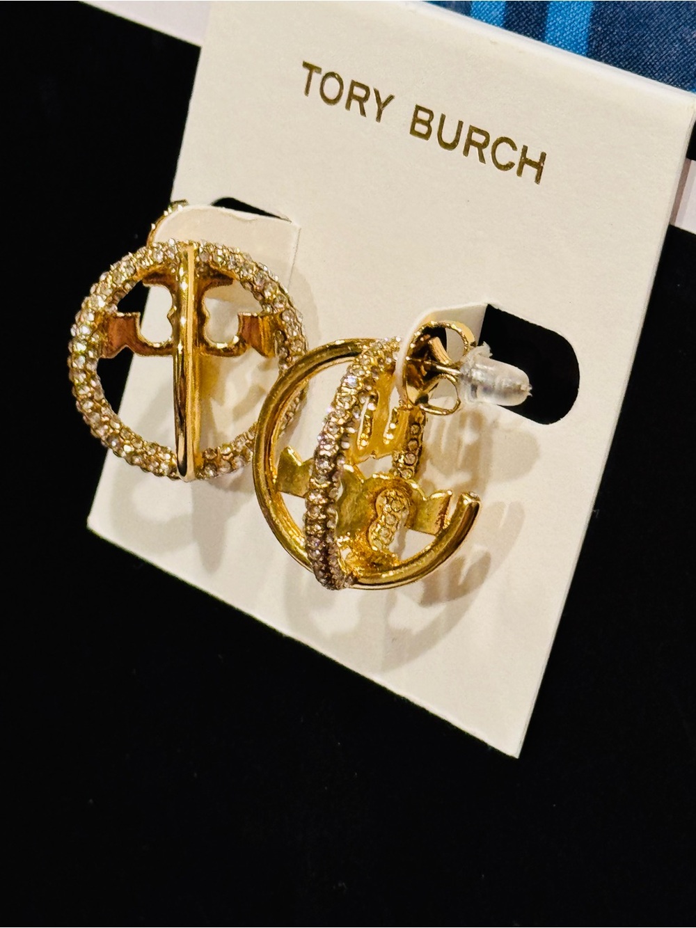 NWT Tory Burch Gold Rhinestone Miller Logo Hoop Earrings